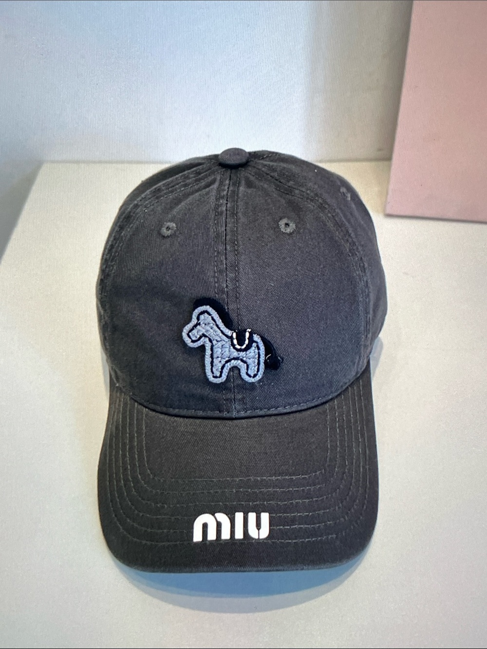 Miu Miu Charcoal Black Baseball Cap with Pony Patch